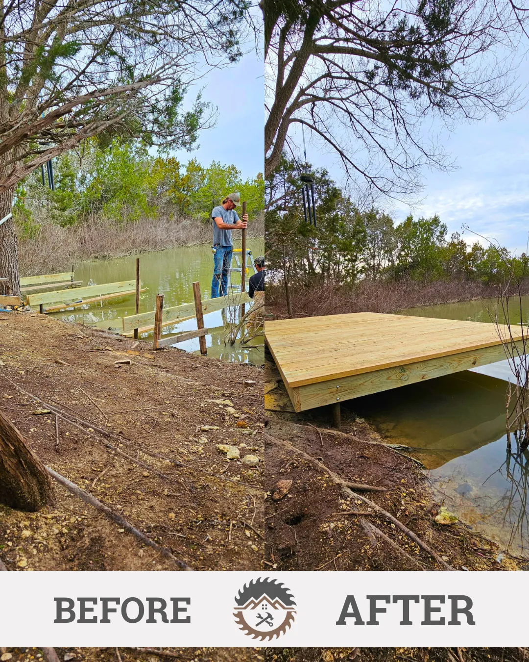 Before and after: overgrown bank turned into a new waterfront deck