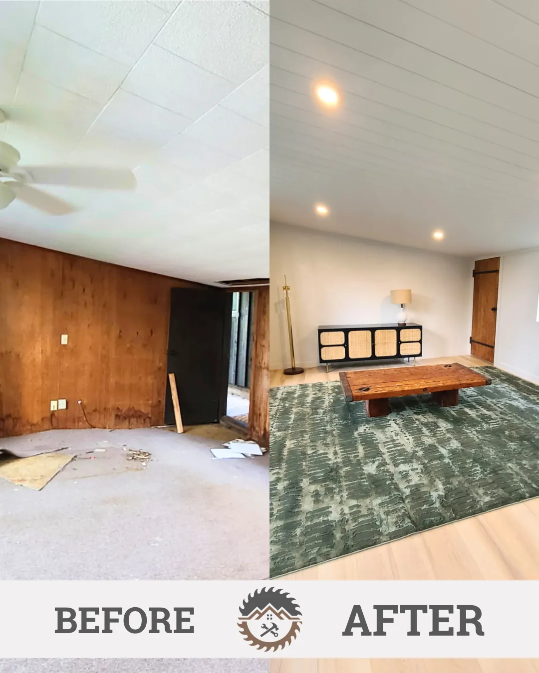 Before and after: dated paneled room remodeled with new walls, lights and floors